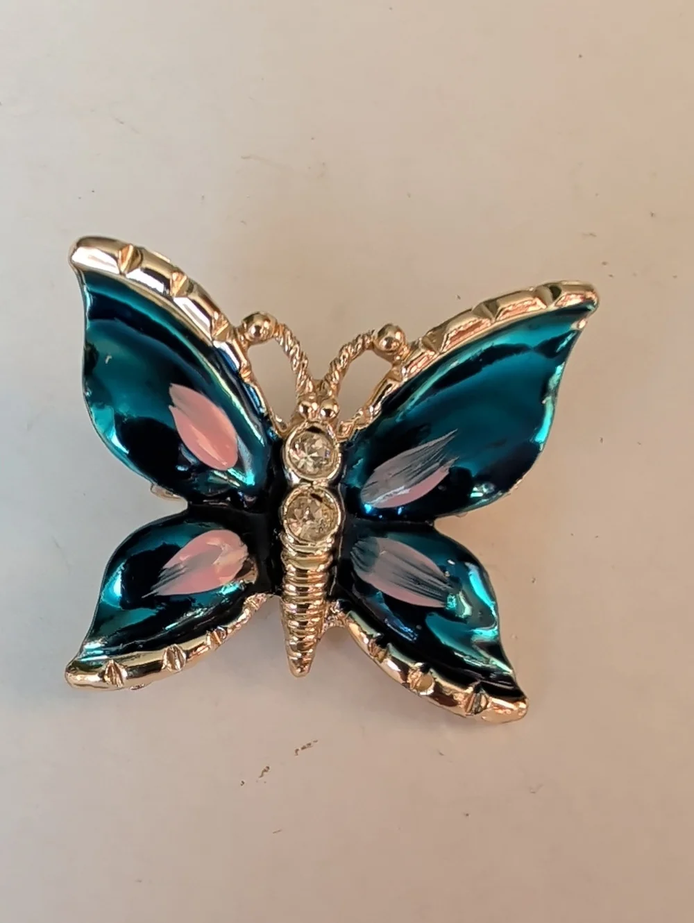 Blue Enamel Butterfly Brooch with Pink Accents